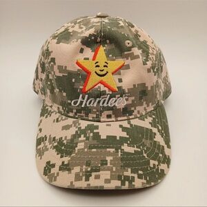 Hardees Hat Advertising Cap Strap Back Desert Camo Yellow Star Logo White Script